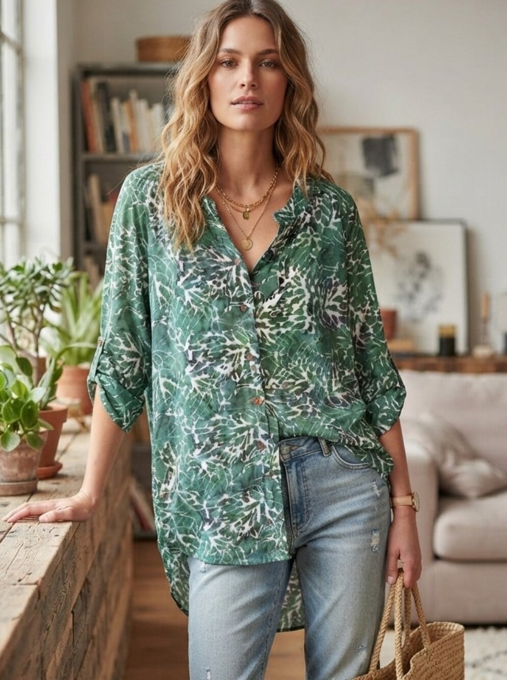 Soft Surroundings Forest Green Batik Blouse Size Medium